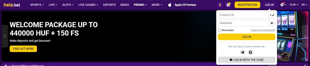 HelaBet casino homepage with a right-side login panel showing email or ID and password fields, a yellow “Log in” button, password recovery option, and alternative login methods, alongside a large banner advertising a welcome package up to 440,000 HUF and 150 free spins.