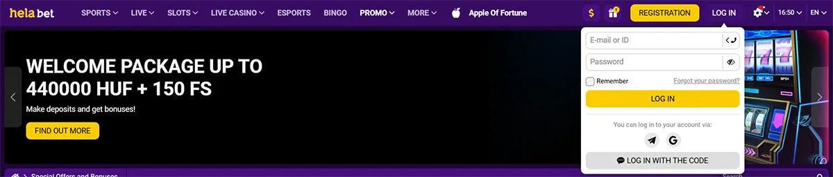 HelaBet casino homepage with a right-side login panel showing email or ID and password fields, a yellow “Log in” button, password recovery option, and alternative login methods, alongside a large banner advertising a welcome package up to 440,000 HUF and 150 free spins.